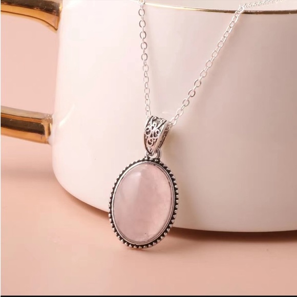 Two Leather Necklace with Oval Rose Quartz Pendant in Black